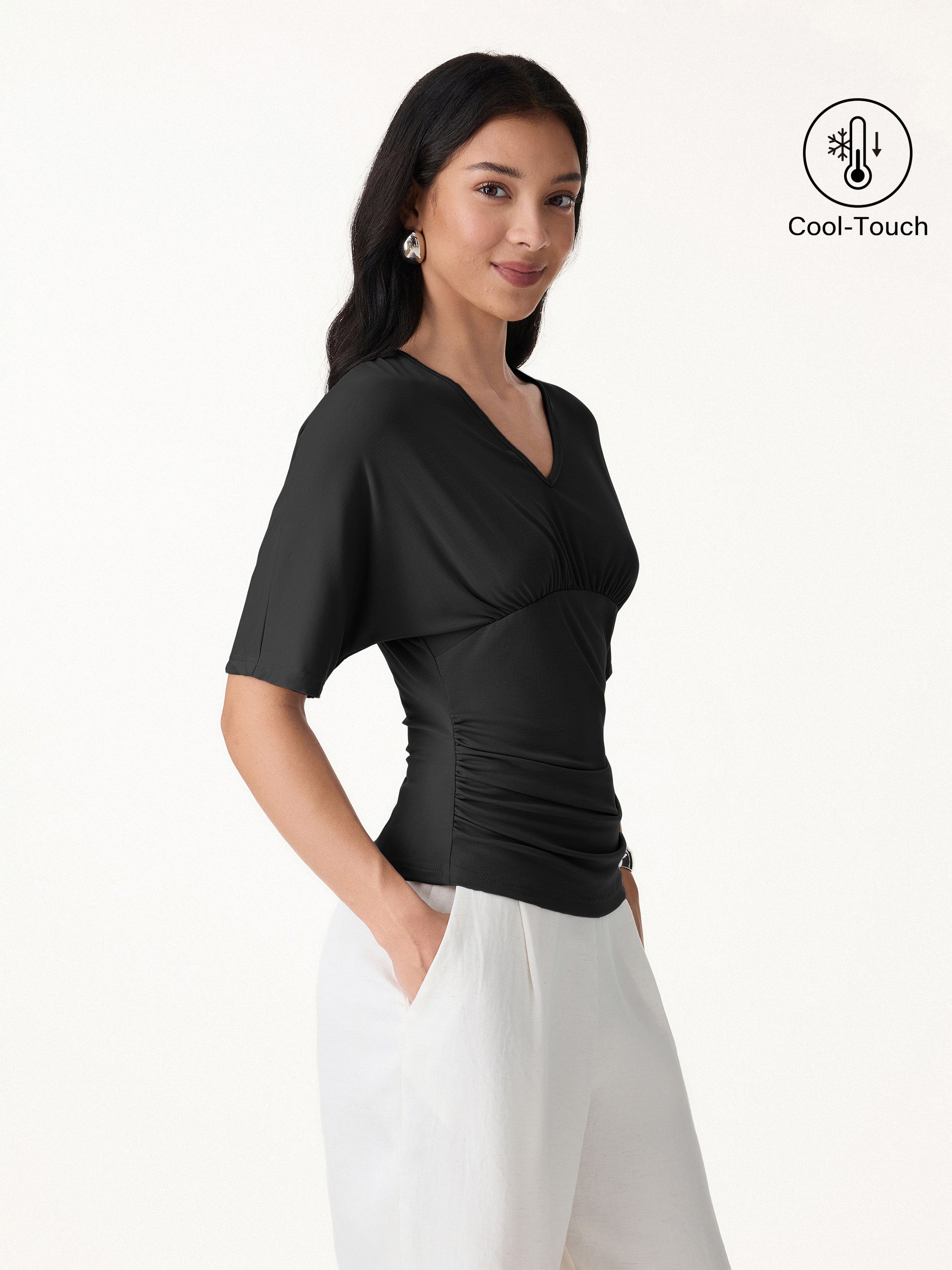 CoolTouch V Neck Ruched Short Sleeve Summer Tee