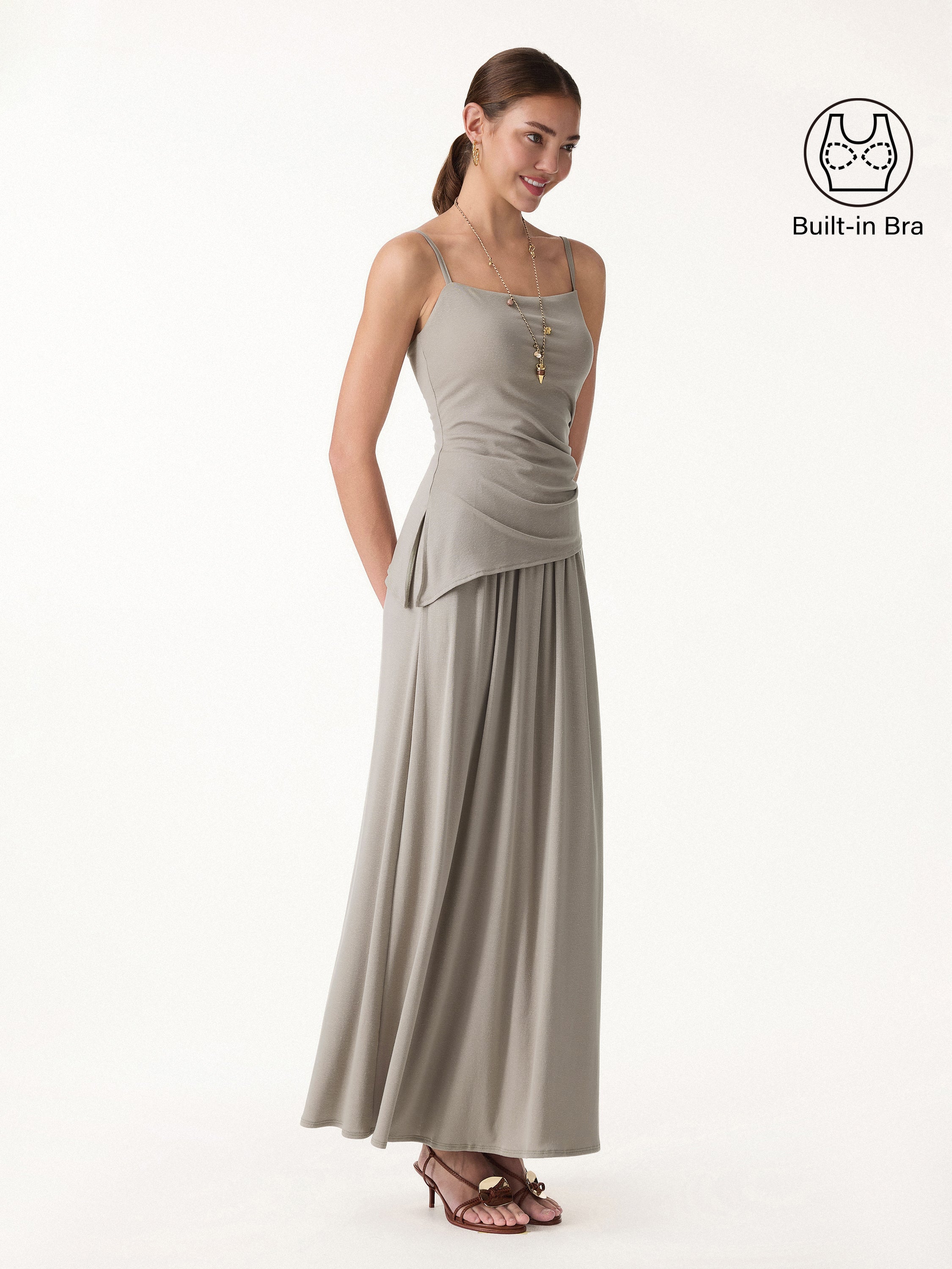 2Pcs Set Spaghetti Bra Top Side Slit & Line Maxi Skirt Pockets