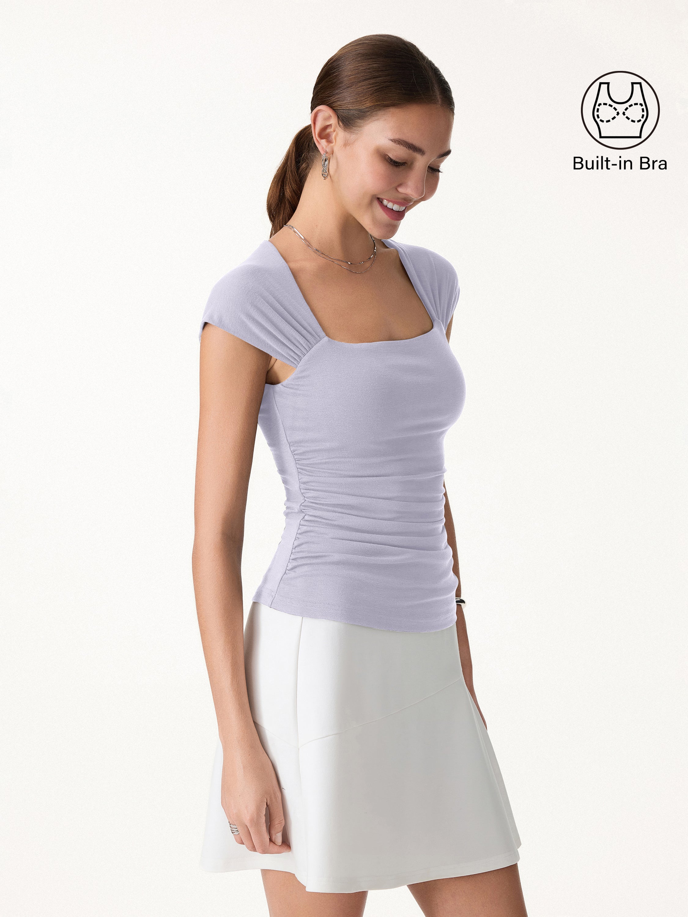 Cool Touch Square Neck Cap Sleeve Ruched Bra Top