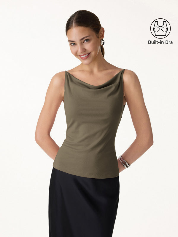 OGLmove Stretch Linen Cowl Neck Bra Tank Olive Green XS