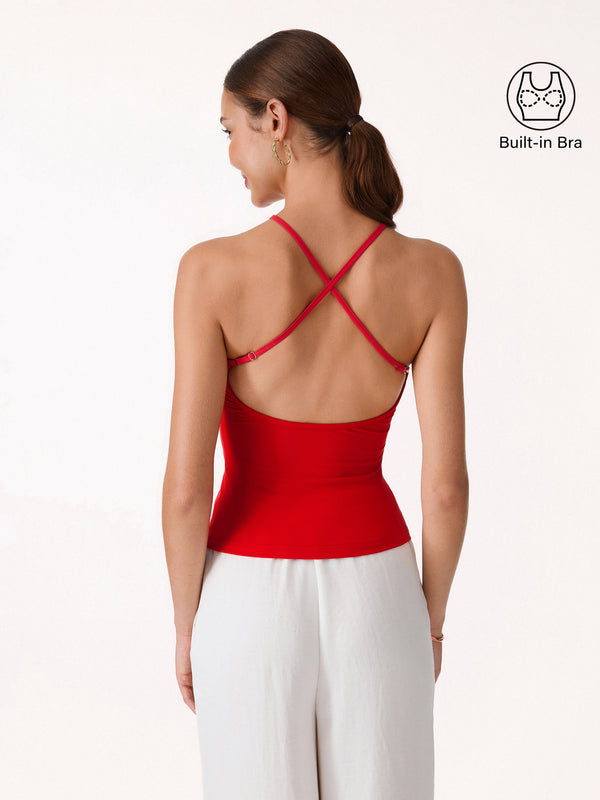 OGLmove SkinKiss Round Neck Cross-Back Bandless Bra Top Red XS