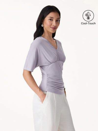 OGLmove CoolTouch V-Neck Ruched Short Sleeve Summer Tee Lilac Mist Purple XS