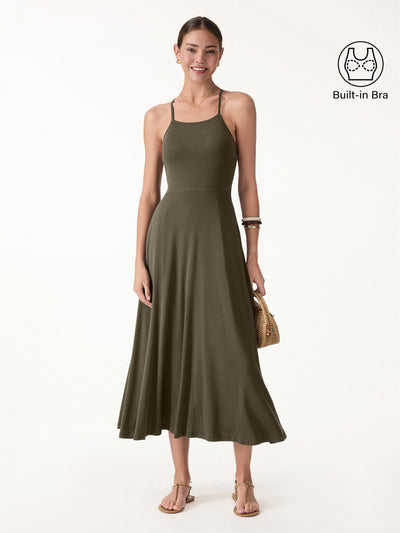 OGLmove Soft Linen Knit Spaghetti Midi Bra Dress Olive Green XS