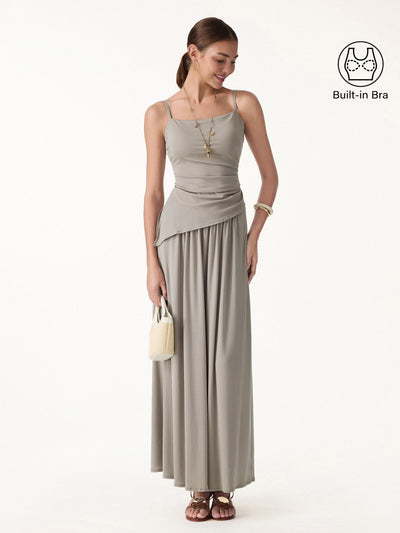 OGLmove 2Pcs Set Spaghetti Bra Top with Side Slit & A-Line Maxi Skirt with Pockets Dark Alabaster XS