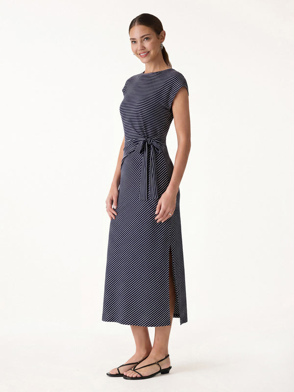OGLmove Striped Relaxed Midi Dress with Self-Tie Navy/White Stripe XS