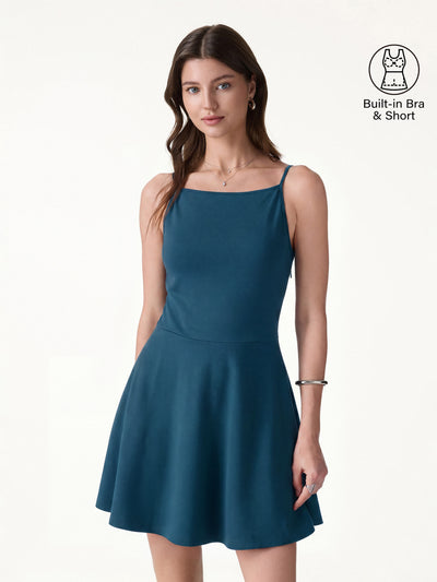 OGLmove Stretch Ponte Square Neck Mini A-Line Bra Dress with Pockets Dark Marine XS