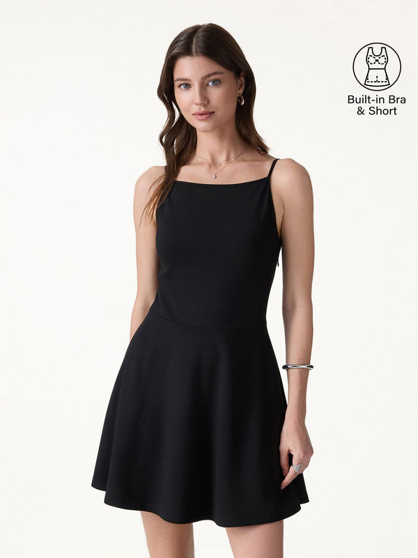 OGLmove Stretch Ponte Square Neck Mini A-Line Bra Dress with Pockets Black XS