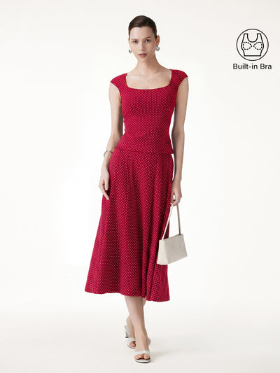 OGLmove 2Pcs Set Square Neck Bra Top & Midi Skirt with Pockets Red/White Polka Dot XS