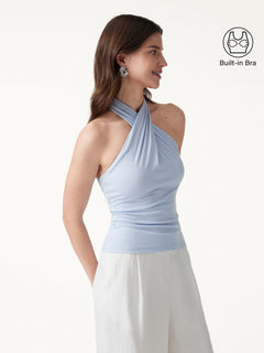 OGLmove Criss Cross Halter Neck Going-Out Bra Top Dew Sky Blue S