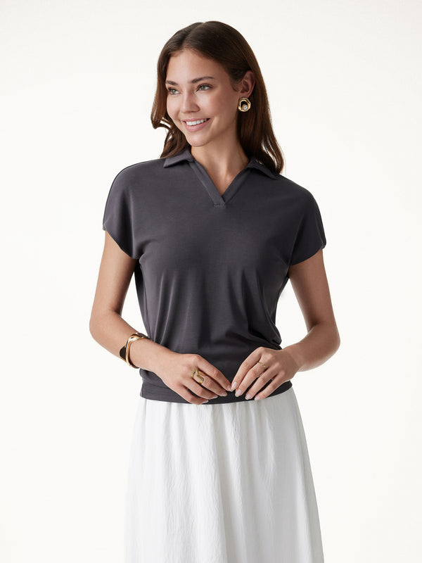 OGLmove Sandwashed Modal Polo Neck Cap Sleeve Top