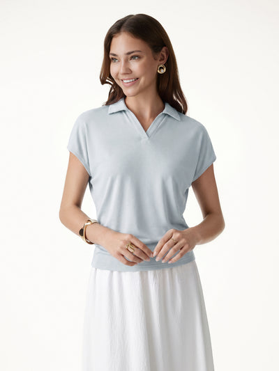 OGLmove Sandwashed Modal Polo Neck Cap Sleeve Top Smoke Blue XS