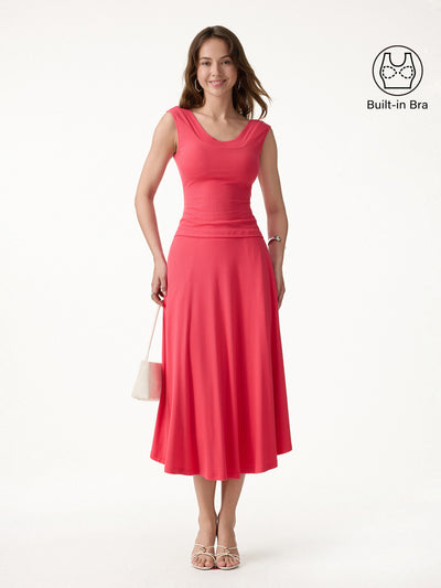 OGLmove 2Pcs Set U-Neck Bra Tank & Midi Skirt with Pockets Teaberry Red XS