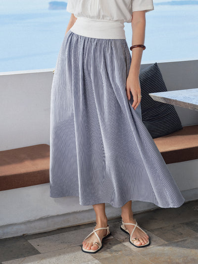 OGLmove Striped Poplin High Rise Umbrella Midi Skirt with Pockets Navy/White Stripe XS