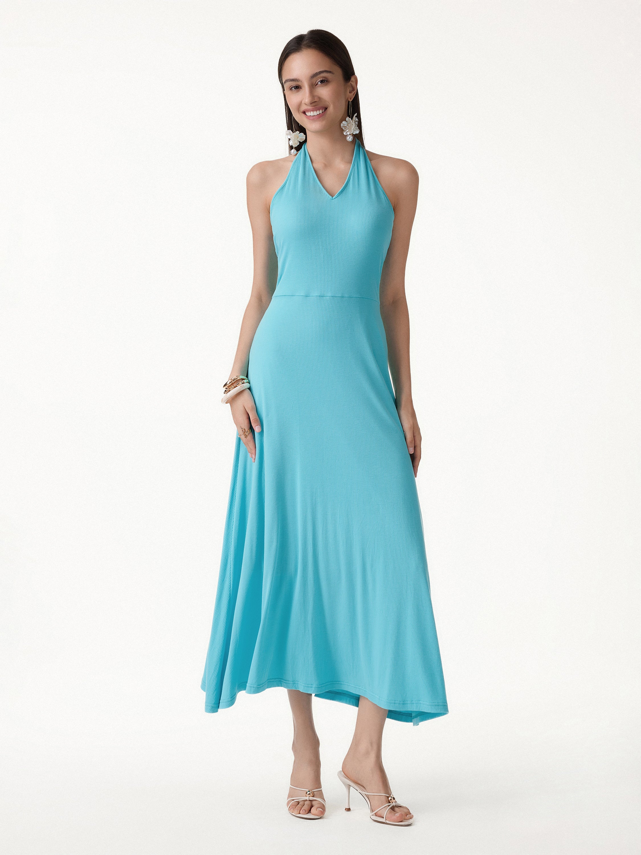 Casual Going Out Fitted Iced Aqua Blue/M Midi Dresses Sleeveless Women Dresses OGLmove