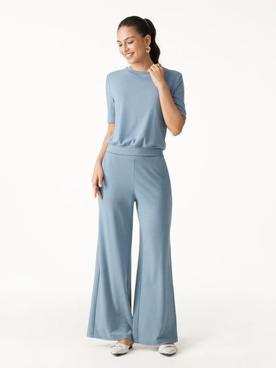 OGLmovede 2Pcs Set Regular Mid Rise Wide Leg Pants & Crewneck Bra Top Air Force Blue XXS