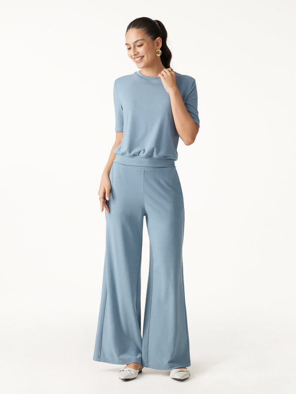 OGLmovede 2Pcs Set Regular Mid Rise Wide Leg Pants & Crewneck Bra Top Air Force Blue XXS
