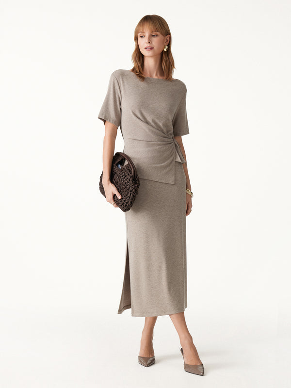 OGLmove 2Pcs Set Short Sleeve Tie-Side Top & Side-Slit A-Line Midi Skirt