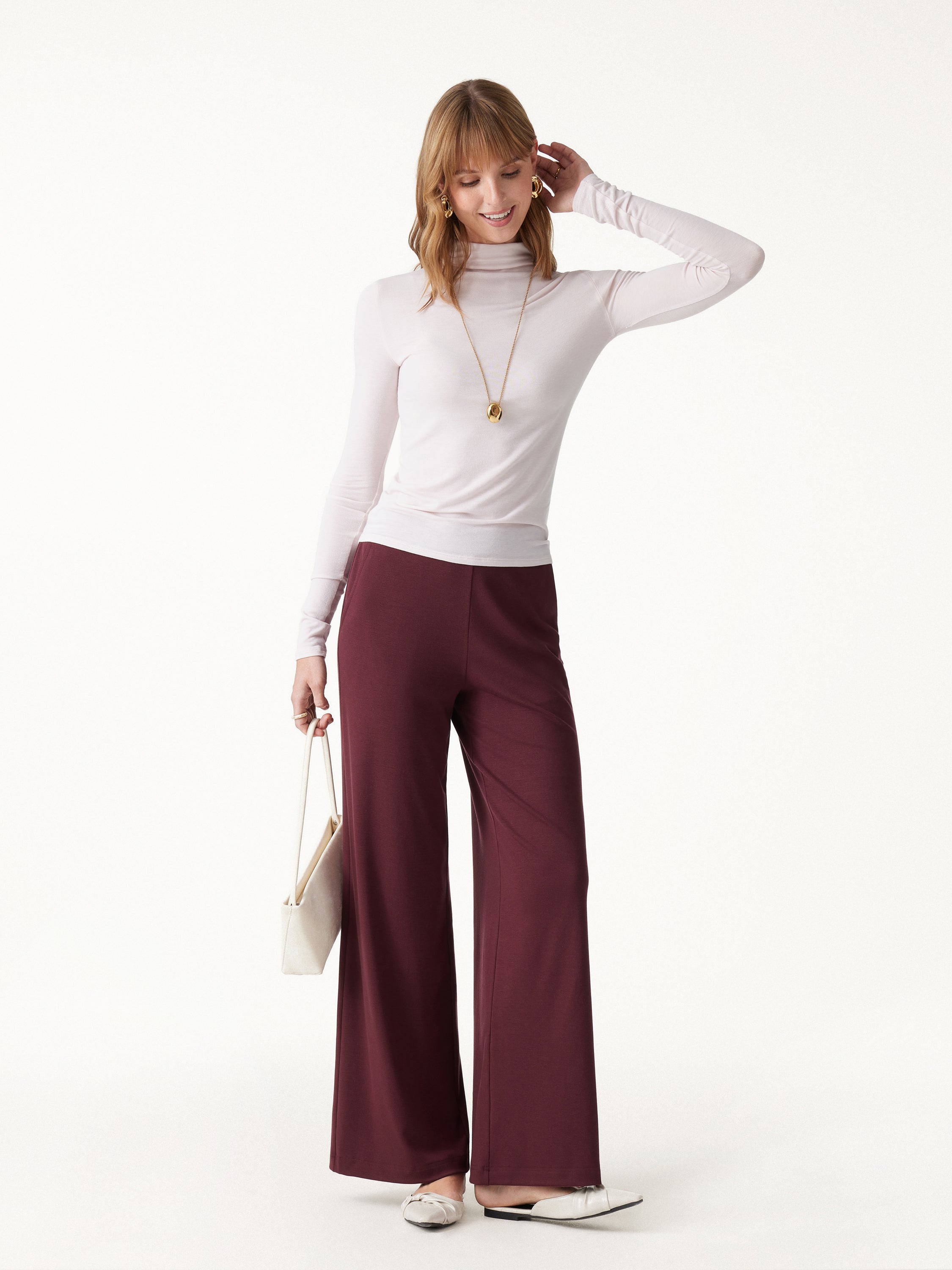 OGL Lyocell Wool Mid Rise Wide Leg Pull-on Pants with Pockets