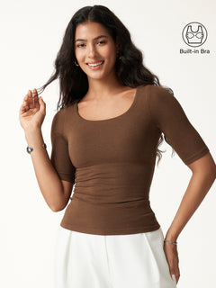 OGLmove Essential Elbow Length Sleeve Square Neck Bra Tops Sweet Hazelnut XXS