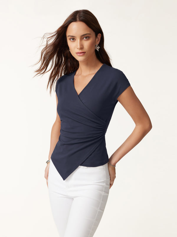 OGLmove Lyocell Wool Surplice Cap Sleeve Asymmetrical Top Smoky Navy XXS