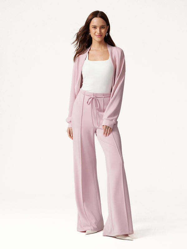 OGLmove 2Pcs Set Long Sleeve Drop-Shoulder Cardigan & High-Rise Flare Pants with Pockets Crepe Pink XXS