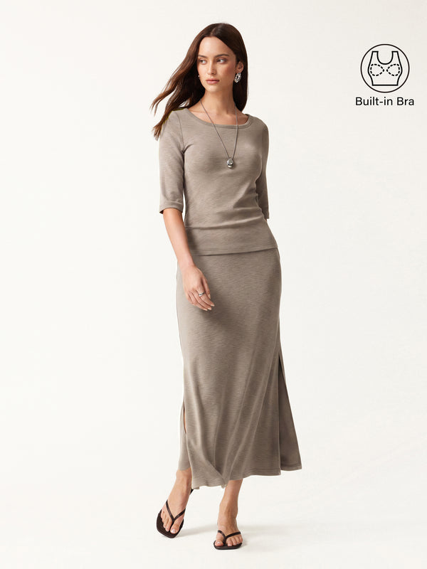 OGLmove 2Pcs Set Round Neck Elbow Sleeve Bra Top & Side-Slit A-Line Midi Skirt Heather Dove XXS