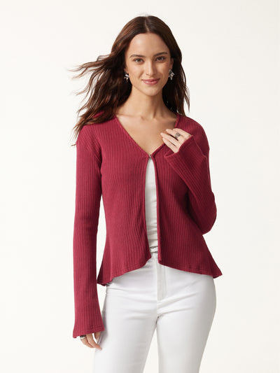 OGLmove V Neck Flare Long Sleeve Cardigan Falu Red XXS