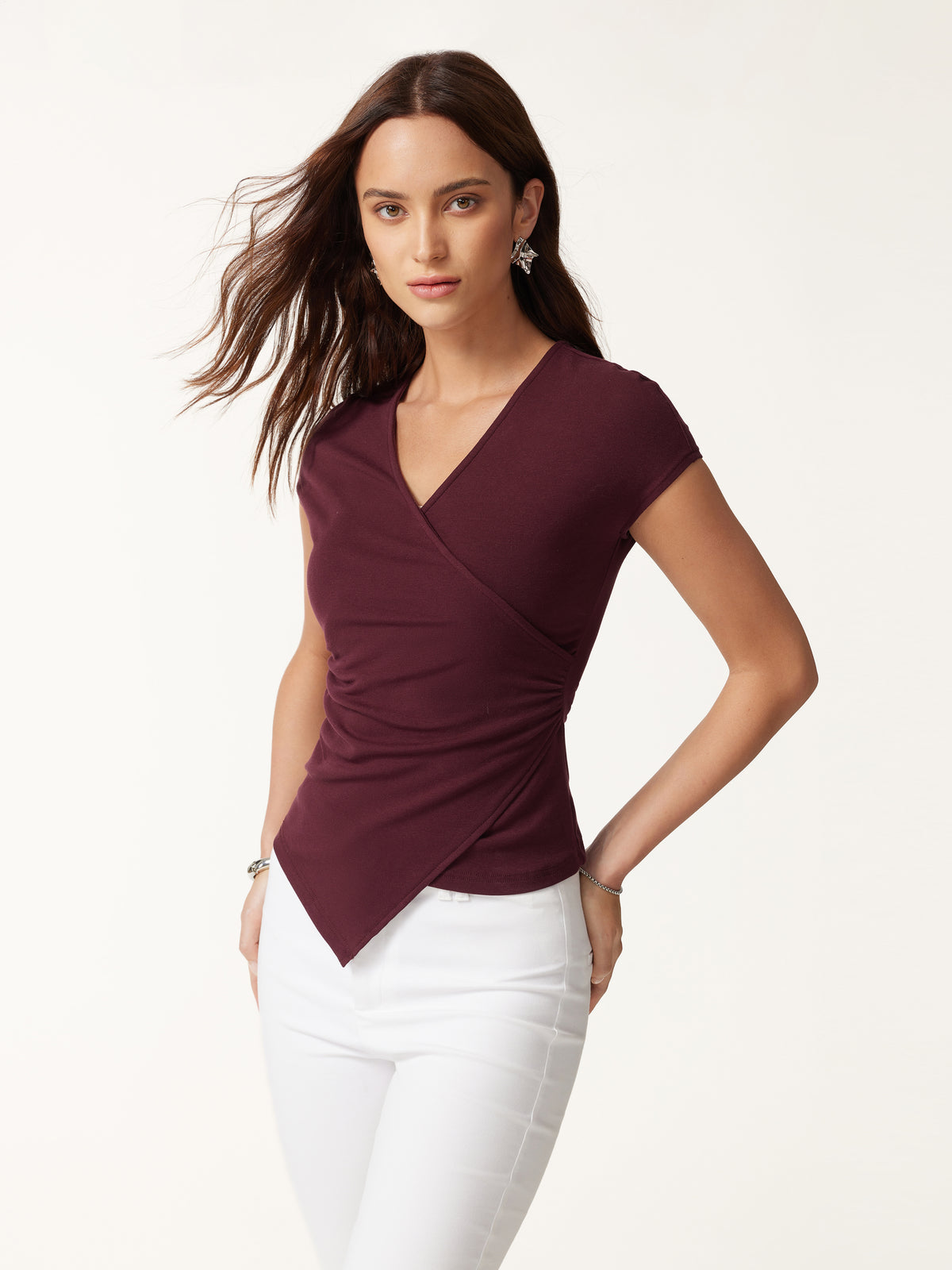 Lyocell Wool Surplice Cap Sleeve Asymmetrical Top