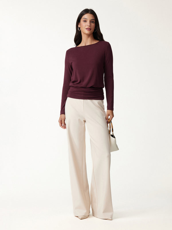 OGLmove Eco-Mousse® Boatneck Long Sleeve Ruched Banded Hem Top