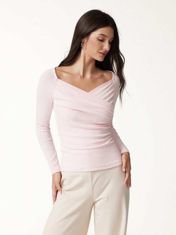 OGLmove Light Warm Surplice Ruched Long Sleeve Top Powder Pink XXS