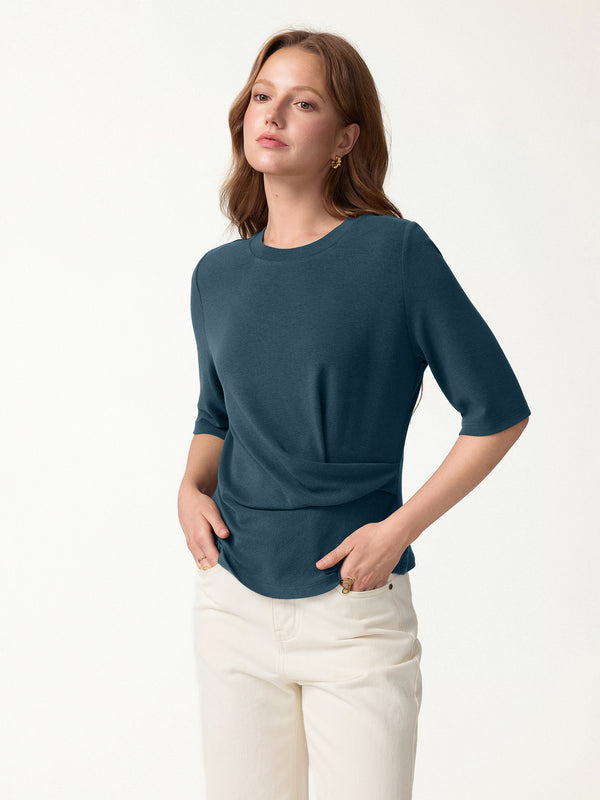 OGLmove LiteWarm Round Neck Elbow Sleeve Side-Tuck Top Forest Night XXS