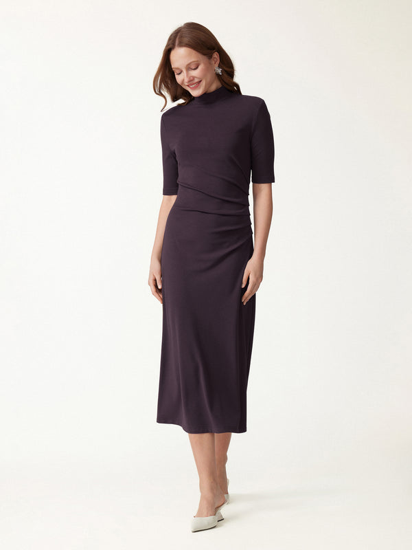 OGLmove Cotton Blend Mock Neck Elbow Sleeve Tucked A-Line Midi Dress Purple Gloam XXS