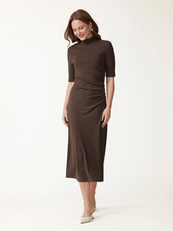 OGLmove Cotton Blend Mock Neck Elbow Sleeve Tucked A-Line Midi Dress Hazelnut Coco XXS