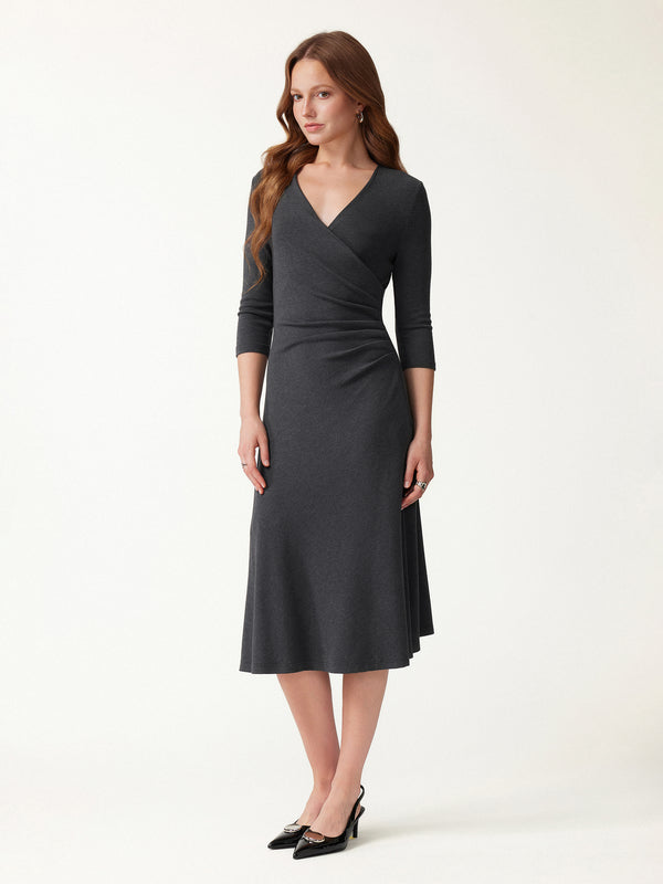 OGLmove Eco-Mousse® Surplice 3/4 Sleeve Side-Tuck Midi Dress