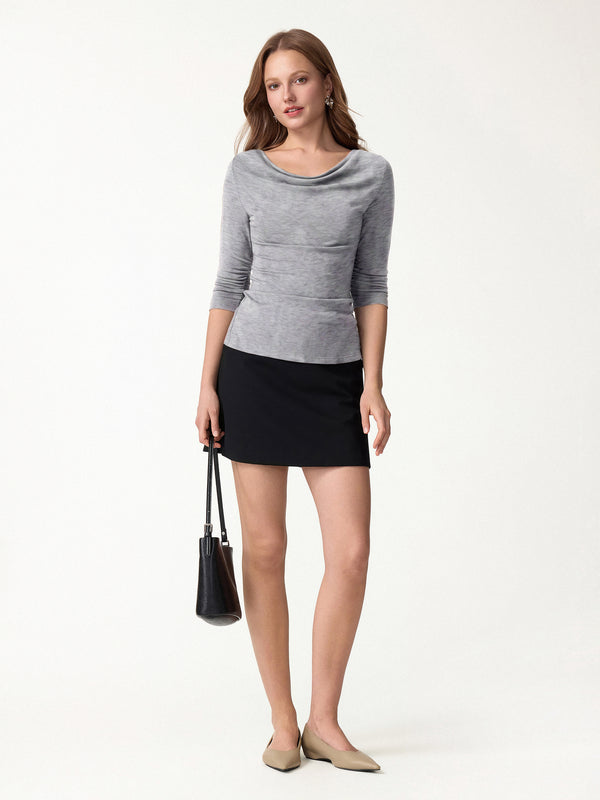 OGLmove Lyocell-Wool Cowl Neck 3/4 Sleeve Ruched Cuff Top