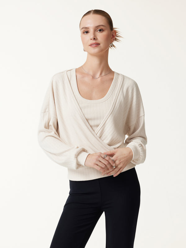 OGLmove Wide Ribbed Crossover Long Sleeve Banded Hem Top