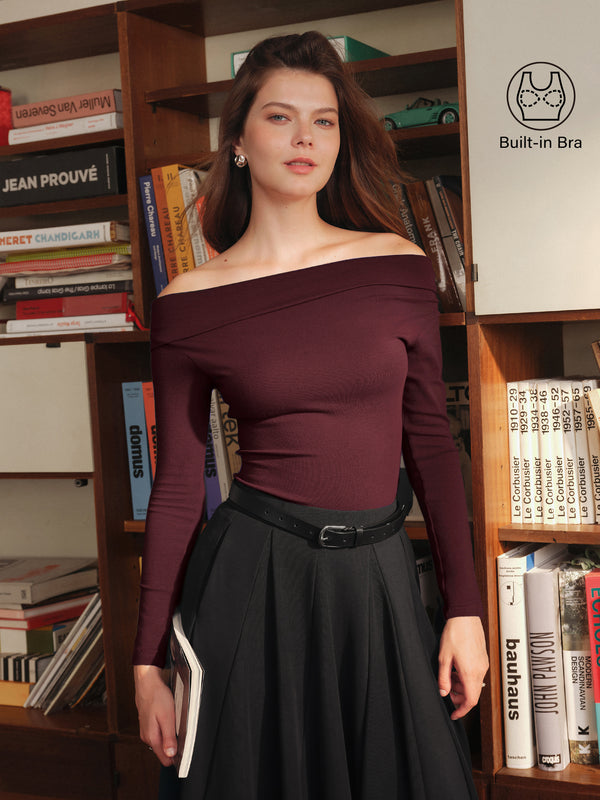 OGLmove LiteWarm Convertible Neck Long Sleeve Built-In Bra Top Built-In Bra 2.0 Ruby