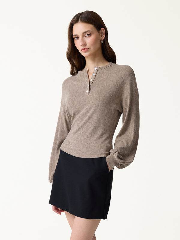 LiteWarm Slub Ribbed Henley Neck Batwing Sleeve Close-Fit Hem Top