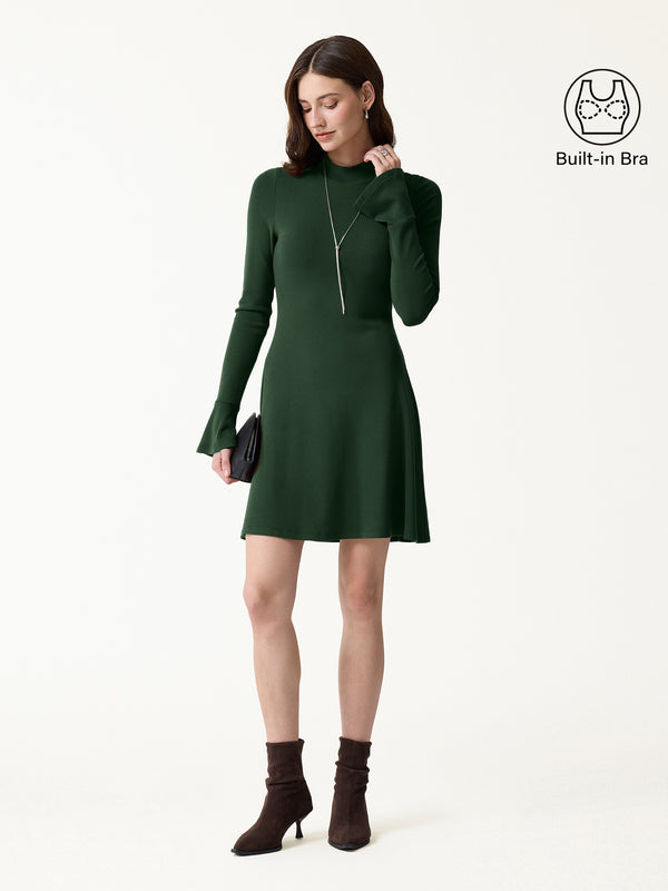 OGLmove LiteWarm Mock Neck Flared Long Sleeve A-Line Mini Built-In Bra Dress 3.0