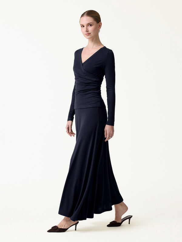 OGLmove 2Pcs Set LiteWarm Surplice Ruched Top & Blend Mid-Rise Umbrella Maxi Skirt Navy XXS
