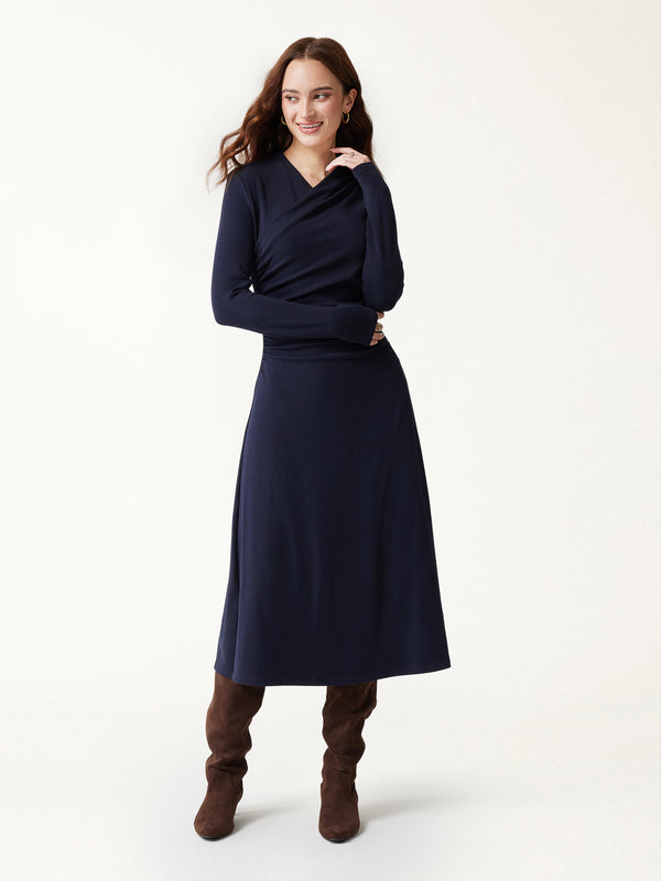 OGLmove ProWarm Crossover Wrap Neck Long Sleeve Midi Dress Smoky Navy XXS