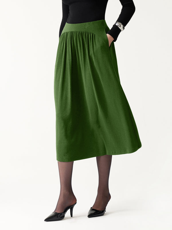 OGLmove LiteWarm High-Rise Gathered A-Line Midi Skirt with Pockets Avocado XXS