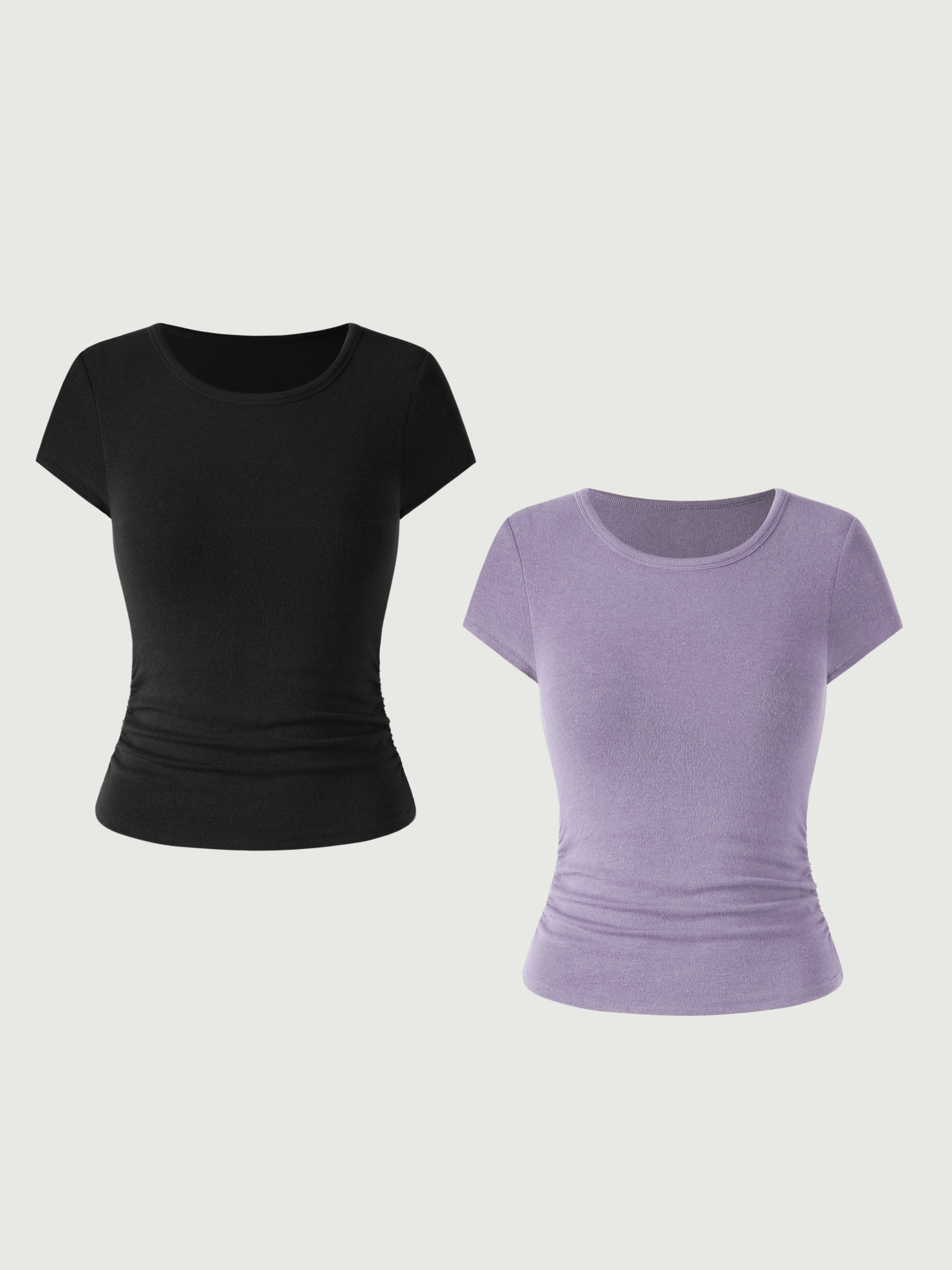 Eco-MiyaMoon® Round Neck Short Sleeve Brami Top 2Pcs Set - Black/Powder Lilac