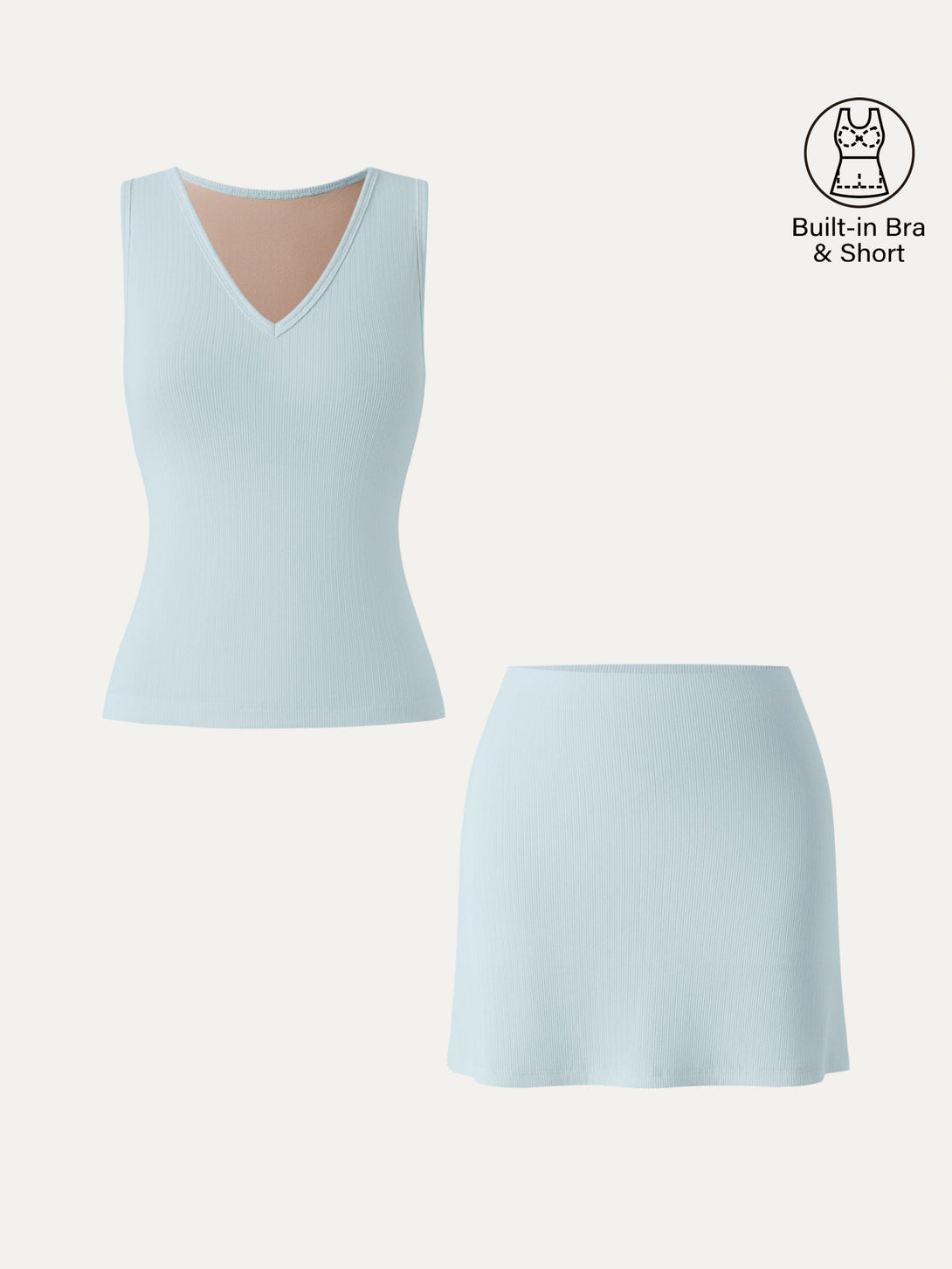 2Pcs Set V-neck Sleeveless Brami Tank & A-line Mini Skirt with Built-in Shorts Ice Blue XS