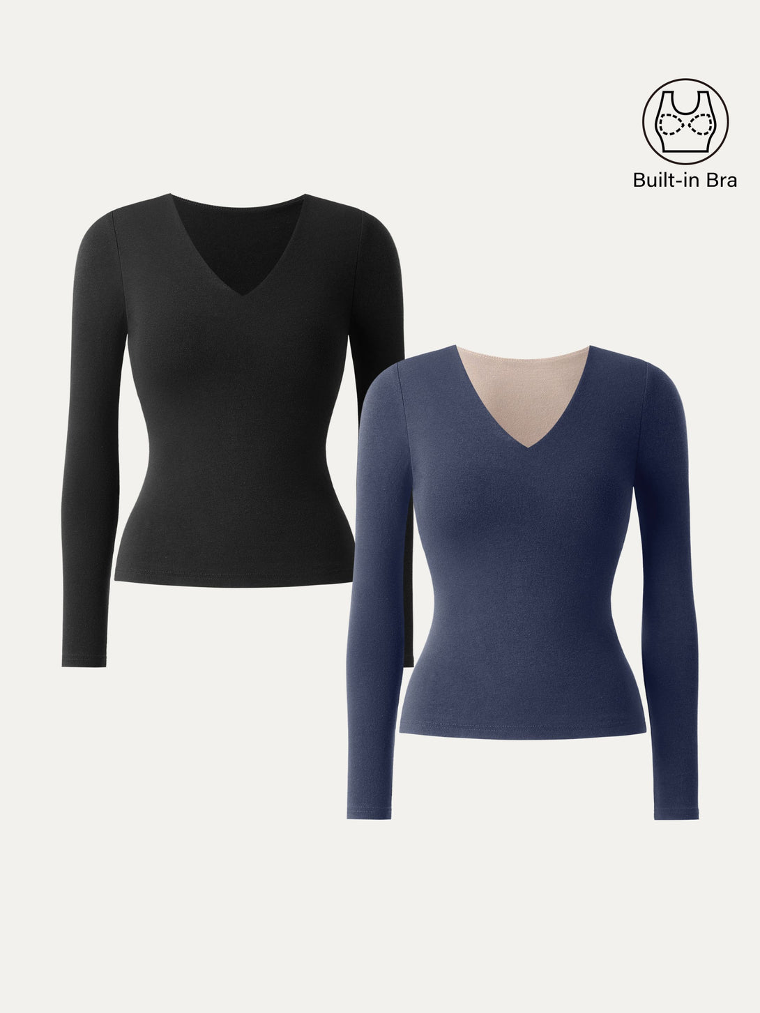 2Pcs Set Stretch Cotton V-Neck Long Sleeve Brami Top Black/Indigo XS