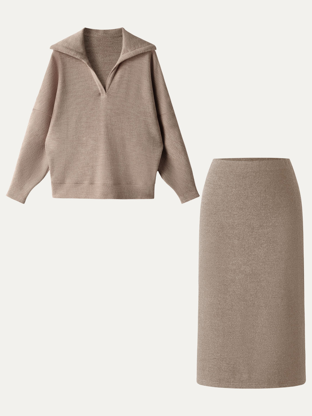 2Pcs Set Collared V-Neck Batwing Pullover & H-line Pull-on Midi Skirt Heather Taupe XS