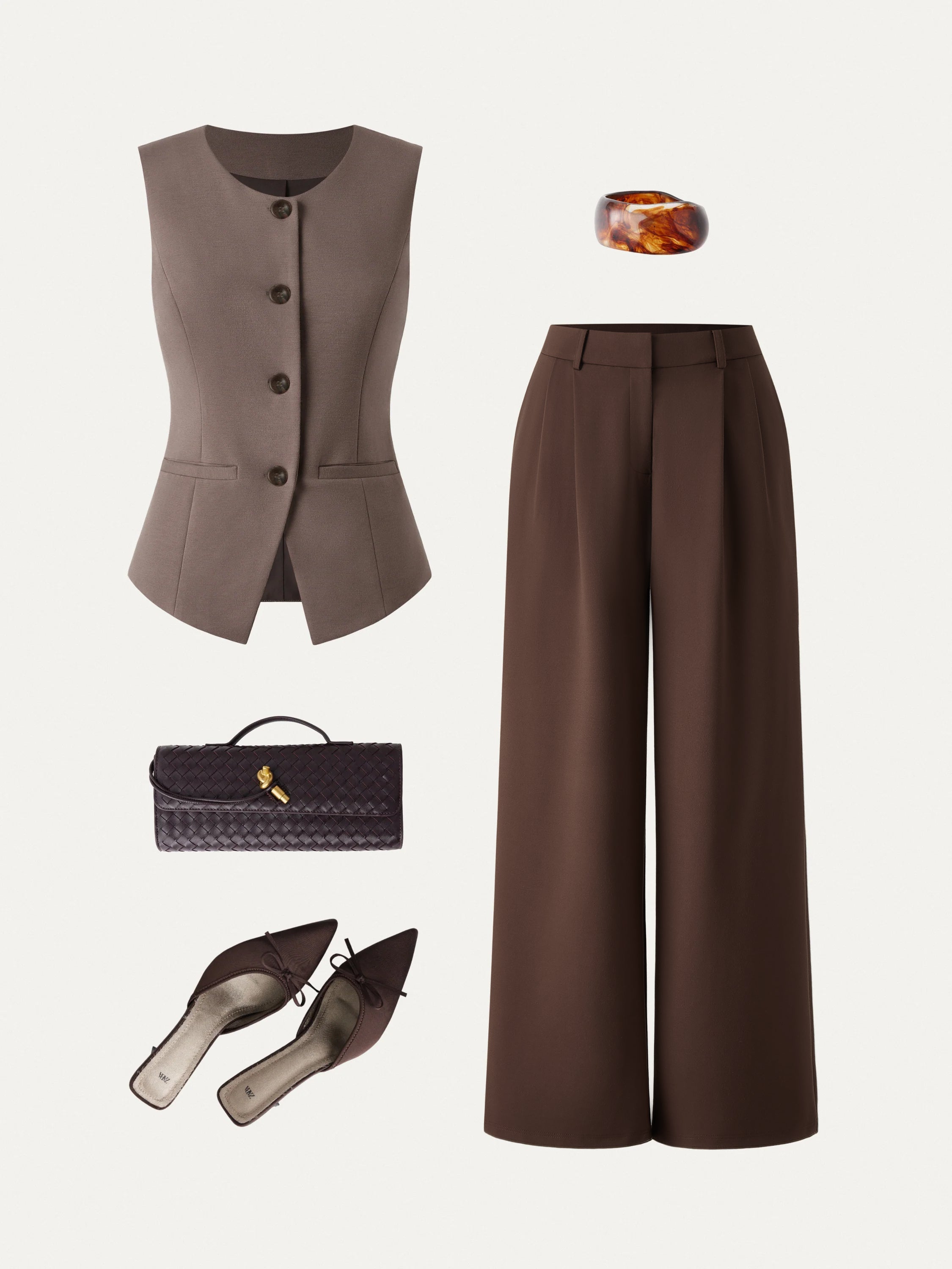 2Pcs Set Waistcoat Pockets & Wide Leg Pant Pockets