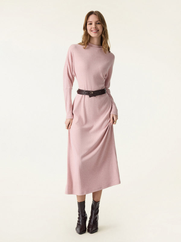 Wide Ribbed Perkins Collar Batwing Sleeve Midi Dress Heather Pink XS
