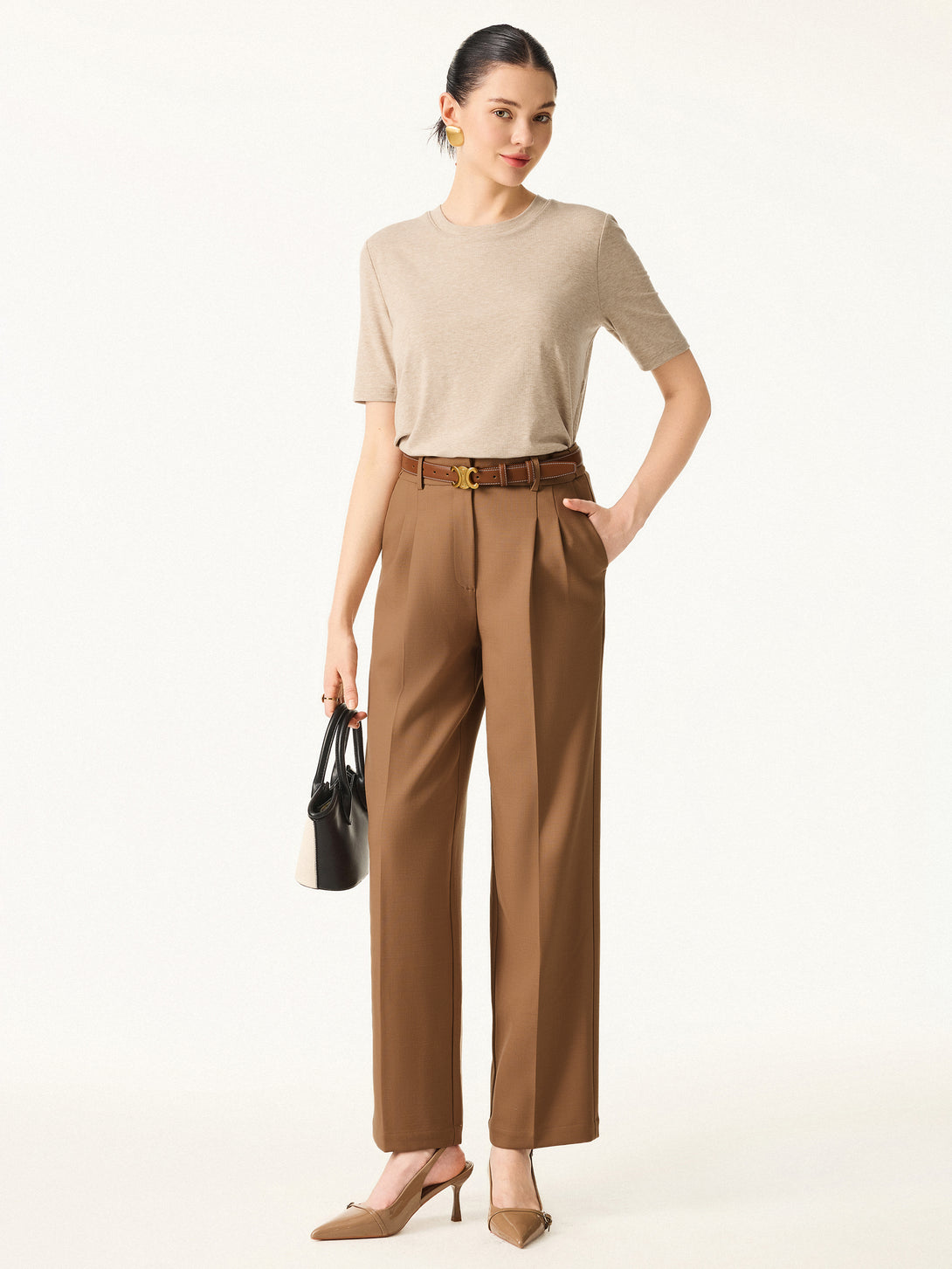 Stretch Wool High Rise Straight Leg Trousers with Pockets