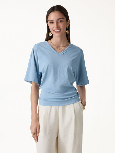 OGLmove Viscose Cotton V-Neck Waist-Defining Summer Tee Steel Blue XS